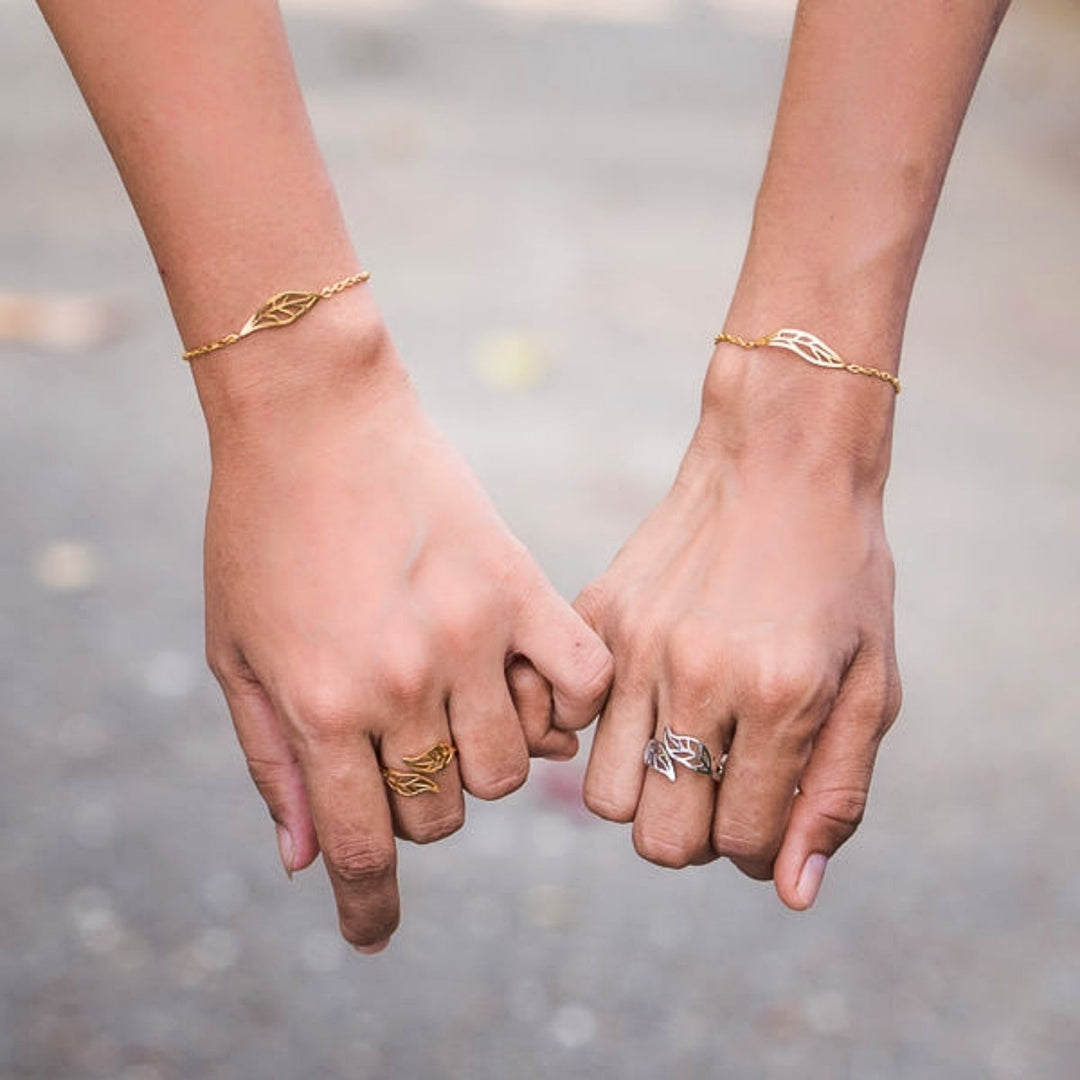 This Eden Embracing Peace Ethical Bracelet with two leaf pendants symbolises connection. Profits support women rescued from trafficking through Eden’s restoration programs.