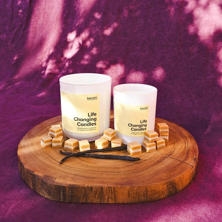 Kenshi Caramel and Vanilla Soy Candle. Hand-poured in Australia by refugees, Kenshi Candles fund 8 meals with every purchase—ethical, beautifully scented candles that make a real impact.