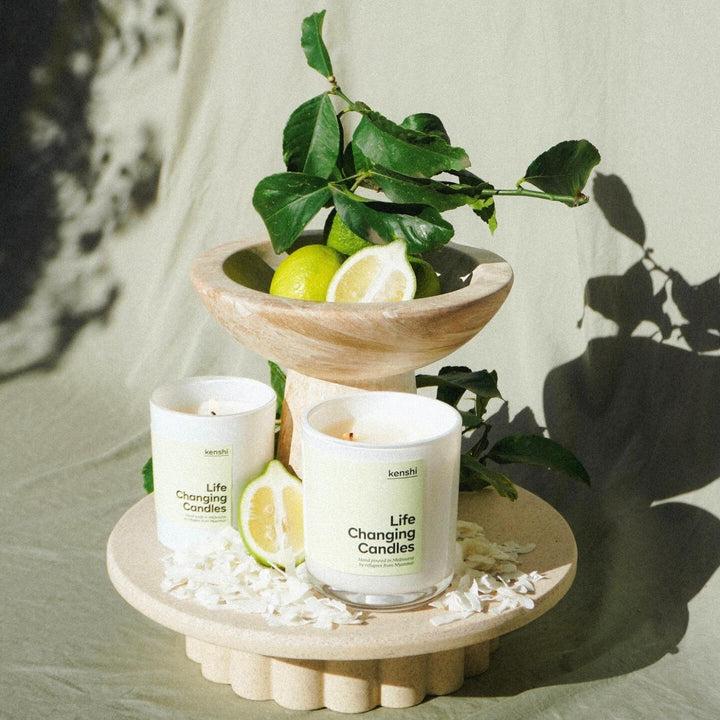 Kenshi Coconut and Lime Soy Candle. Hand-poured in Australia by refugees, Kenshi Candles fund 8 meals with every purchase—ethical, beautifully scented candles that make a real impact.