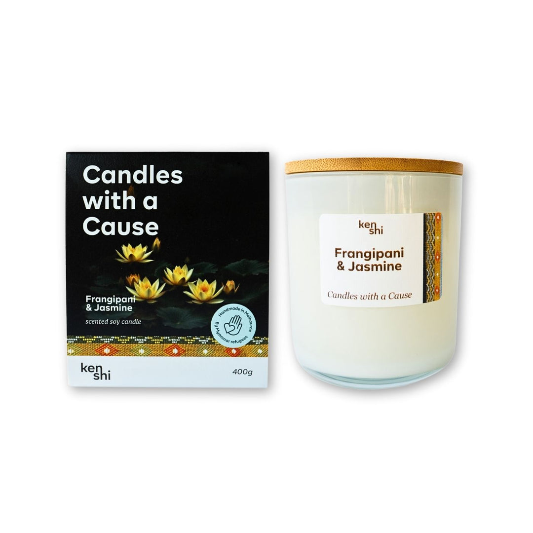 Part of the Kenshi Signature Range, this soy candle is hand-poured in Melbourne by skilled refugee artisans. The packaging celebrates culture and heritage, wrapped in a high-quality sleeve featuring traditional handwoven fabric patterns from Chin State, Myanmar, and imagery that reflects the beauty of the region.