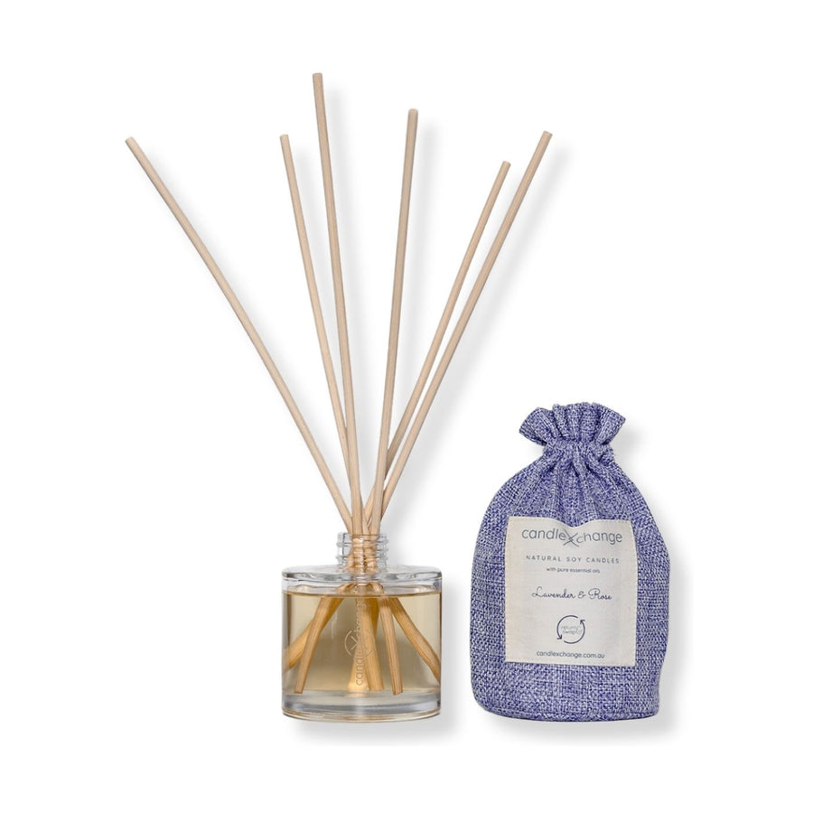 CandleXchange Lavender & Rose Diffuser. This eco diffuser uses quality fragrance, alcohol, and reeds. Send an empty container for a refill to help light up a new home for domestic violence survivors.