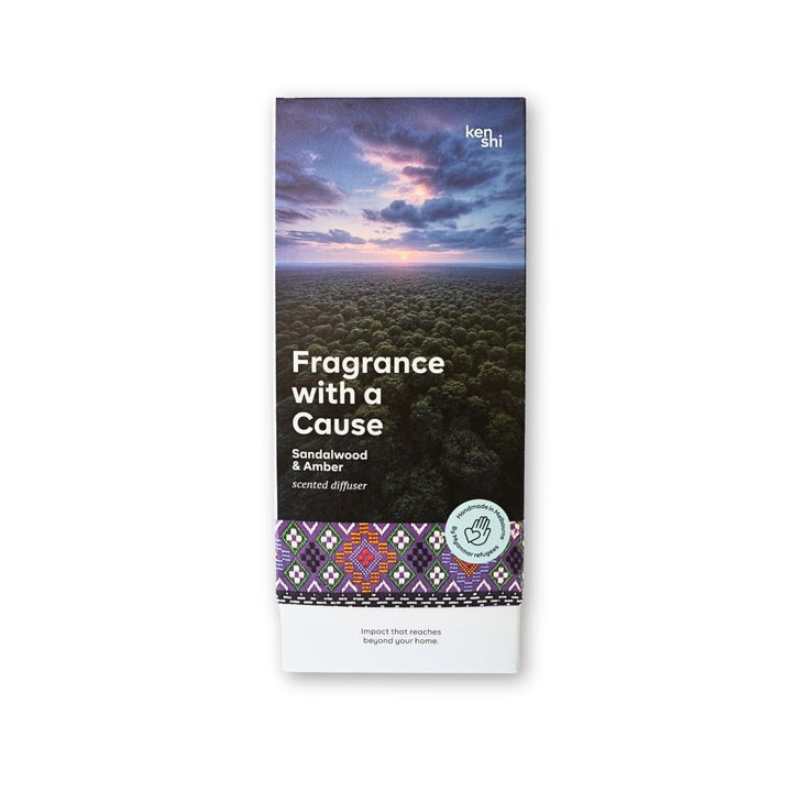 Sandalwood & Amber Signature diffuser with warm, grounding notes and artisan packaging. Long-lasting fragrance that supports meaningful artisan work.