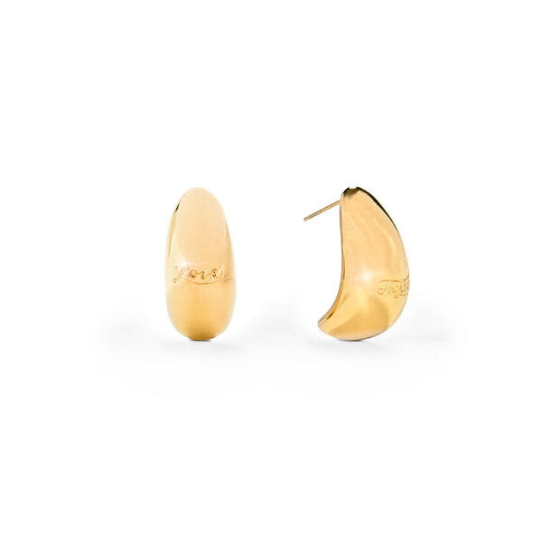 This is Eden Love & Justice Half Hoop Earrings in gold are engraved with powerful words, crafted from 316 stainless steel. Profits support Eden’s anti-trafficking programs.