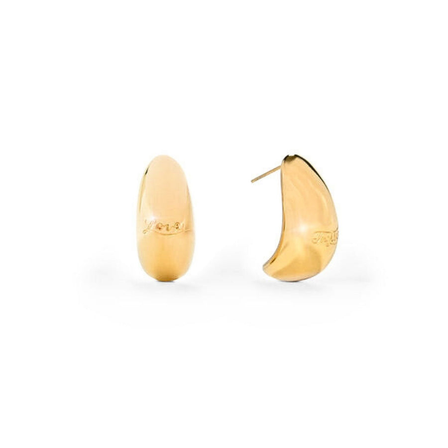 This is Eden Love & Justice Half Hoop Earrings in gold are engraved with powerful words, crafted from 316 stainless steel. Profits support Eden’s anti-trafficking programs.