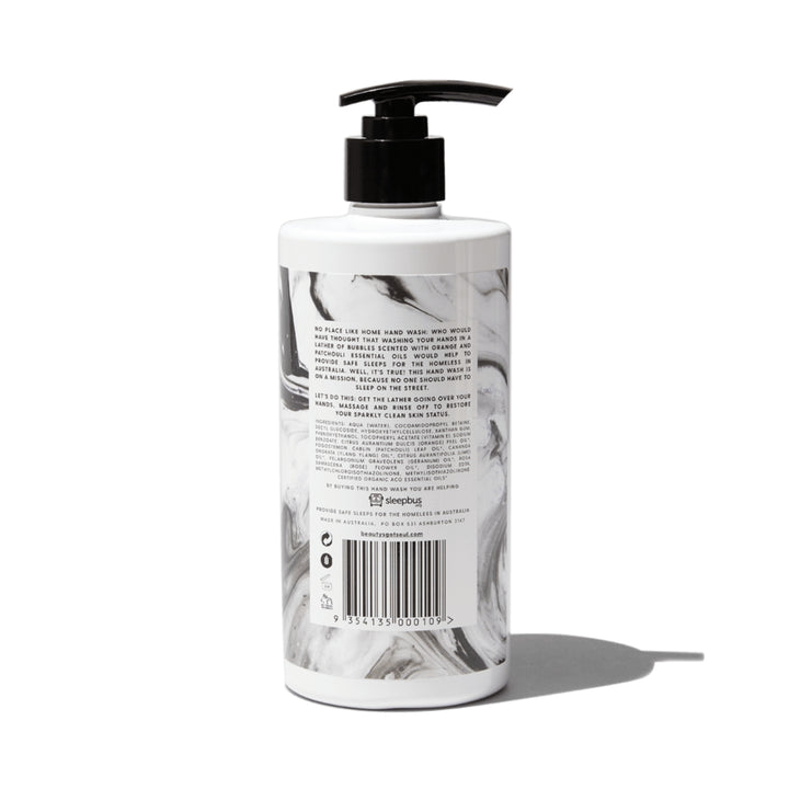 Beauty's Got Soul No Place Like Home Hand Wash 500ml bottle, infused with organic sweet orange and patchouli essential oils. Australian-made; proceeds aid homeless charities.