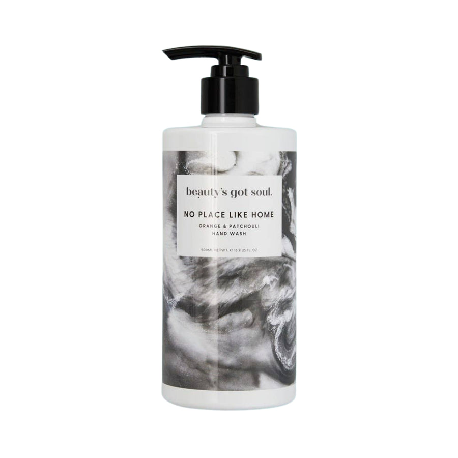 Beauty's Got Soul No Place Like Home Hand Wash 500ml bottle, infused with organic sweet orange and patchouli essential oils. Australian-made; proceeds aid homeless charities.