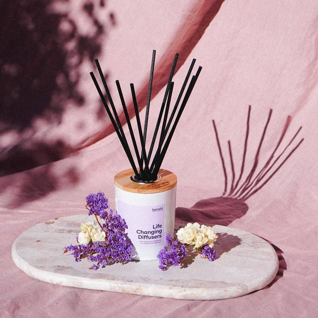 Kenshi Frangipani and Jasmine Diffuser– luxurious Australian-made home fragrance from a social enterprise. Crafted by refugees, each ethical diffuser funds 8 meals. Long-lasting, natural scent perfect for conscious gifting and sustainable living.