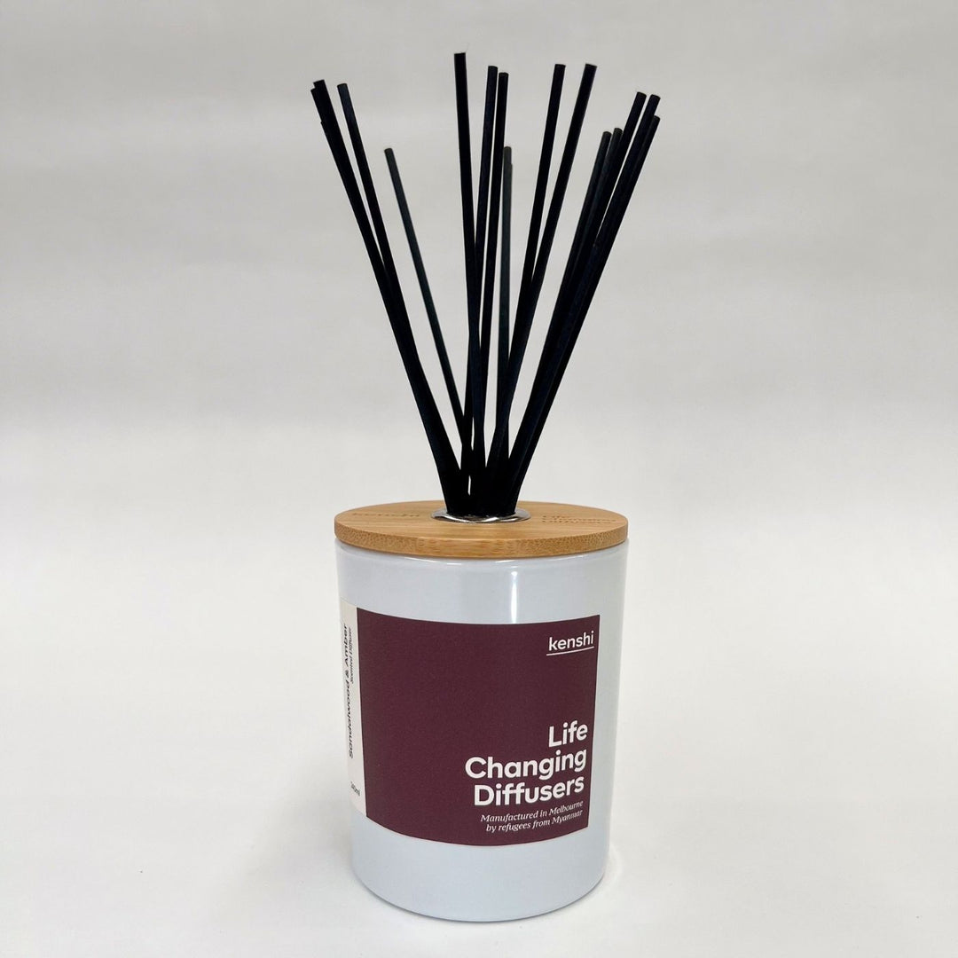 Kenshi Sandalwood and Amber Diffuser. Crafted in Australia by refugees, Kenshi Candles fund 8 meals with every purchase—ethical, beautifully scented diffuser that makes a real impact.