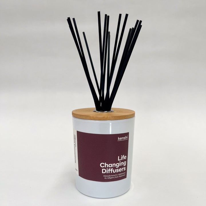 Kenshi Sandalwood and Amber Diffuser. Crafted in Australia by refugees, Kenshi Candles fund 8 meals with every purchase—ethical, beautifully scented diffuser that makes a real impact.