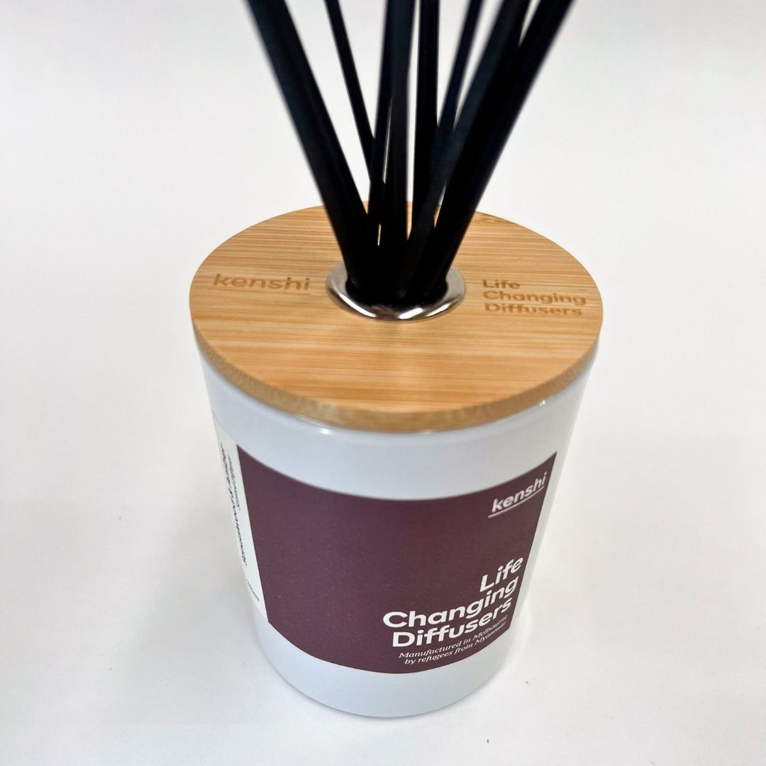 Kenshi Sandalwood and Amber Diffuser – luxurious Australian-made home fragrance from a social enterprise. Hand-filled by refugees, each ethical diffuser funds 8 meals. Long-lasting, natural scent perfect for conscious gifting and sustainable living.
