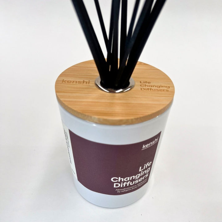 Kenshi Sandalwood and Amber Diffuser – luxurious Australian-made home fragrance from a social enterprise. Hand-filled by refugees, each ethical diffuser funds 8 meals. Long-lasting, natural scent perfect for conscious gifting and sustainable living.