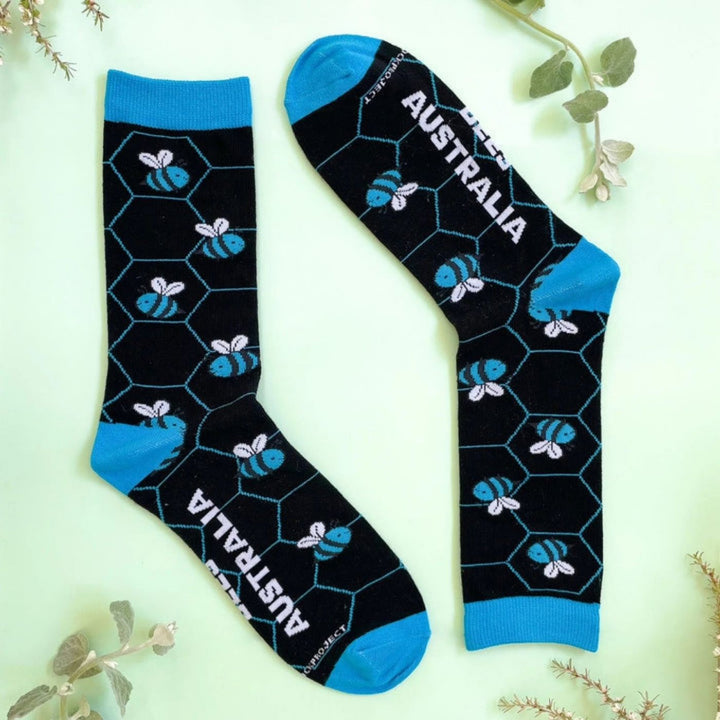 Blue Banded Bee Sock. With every pair of Sydney Sock Project socks purchased, you're contributing to meaningful causes. They are dedicated to supporting charities and organisations that strive to make a difference for our people and planet.