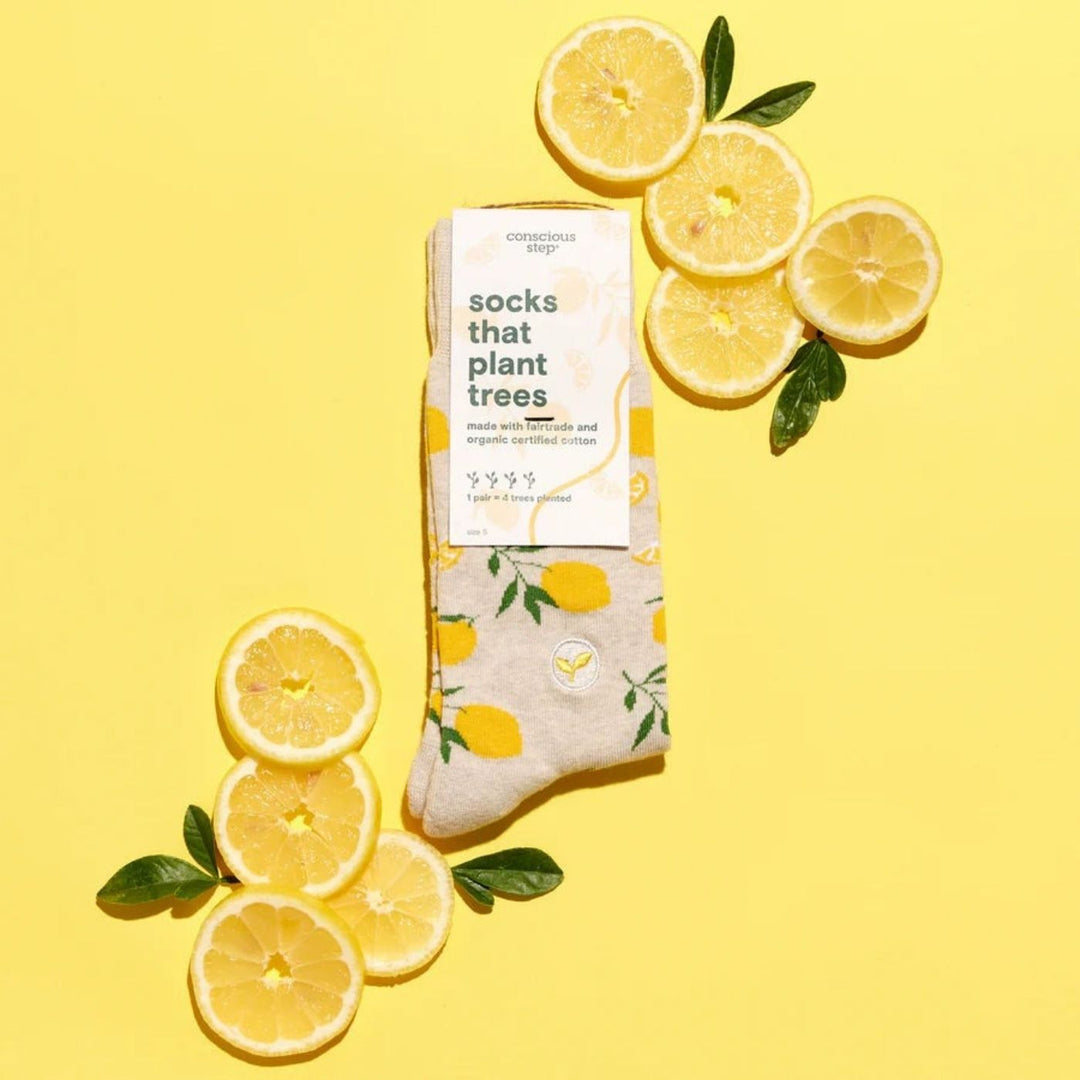 Conscious Step Ethical Socks that Plant Trees - Lemons (3 Pack). These lemon-print organic cotton socks help plant trees & improve lives. Each pair supports Trees for the Future & their work to restore land and fight hunger.
