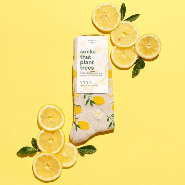 Conscious Step Ethical Socks that Plant Trees - Lemons (3 Pack). These lemon-print organic cotton socks help plant trees & improve lives. Each pair supports Trees for the Future & their work to restore land and fight hunger.
