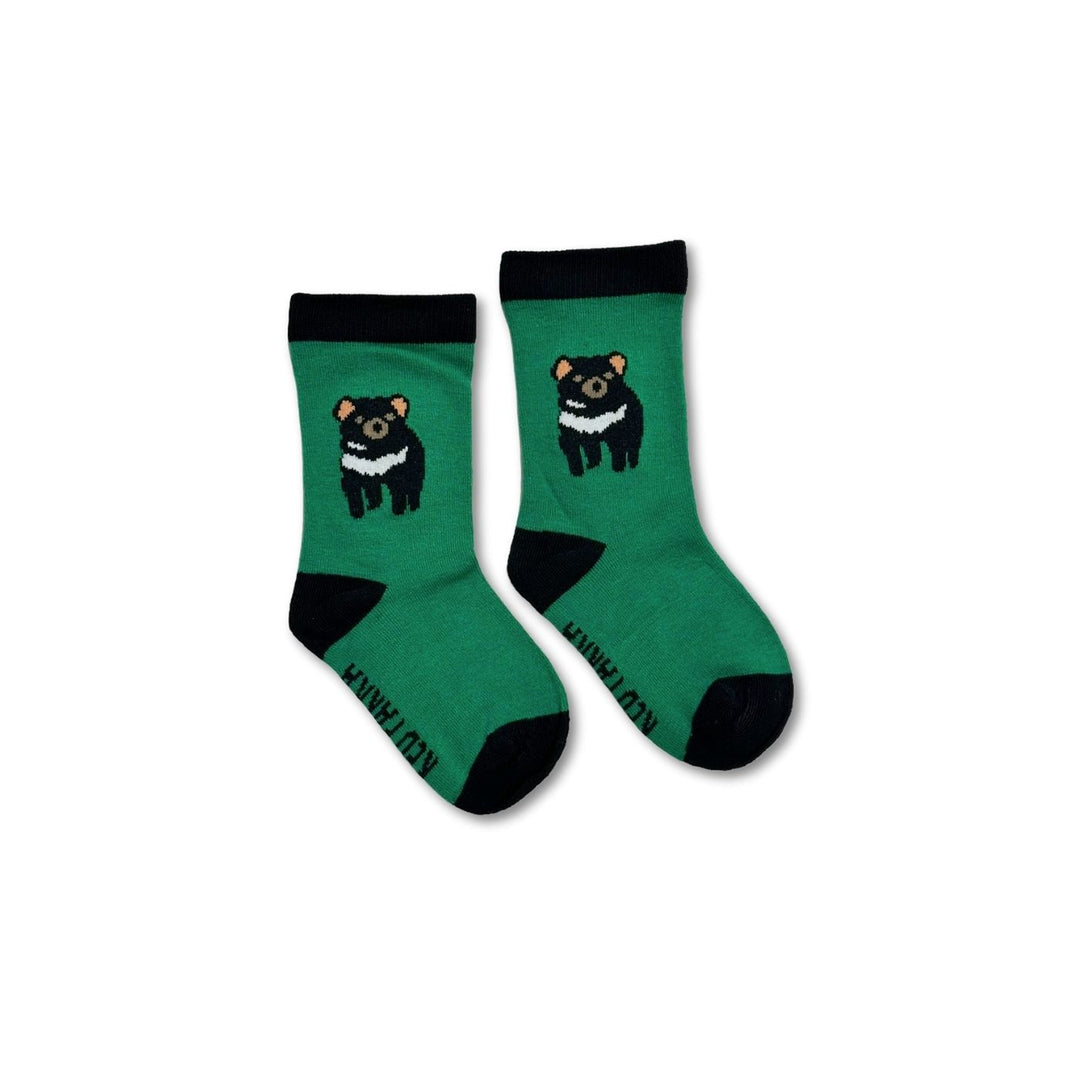 Red Parka Green Devil Kids' Socks – Designed in Tasmania. A fun Green Devil socks for kids, designed in Tasmania. Made from soft bamboo. 50% of profits support wildlife and environmental charities.