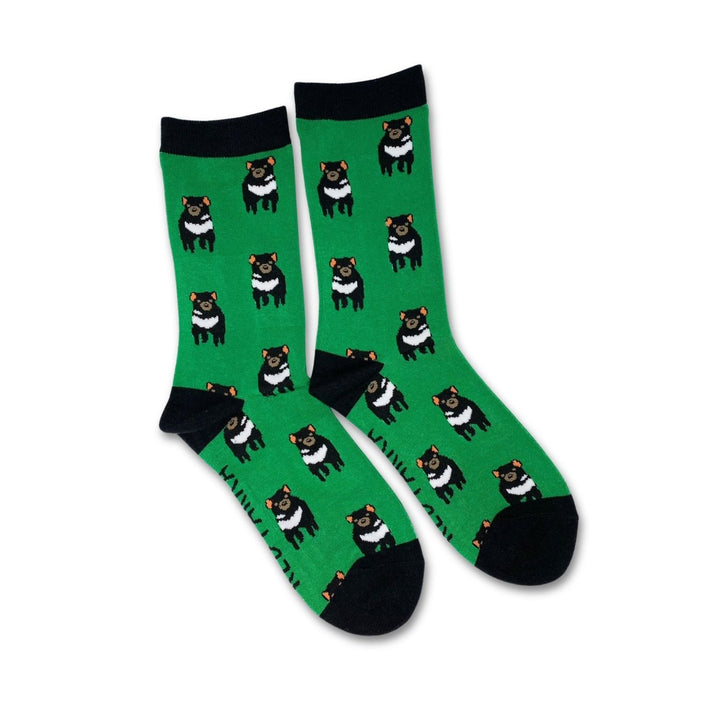 Red Parka Green Devil Kids' Socks – Designed in Tasmania. A fun Green Devil socks for kids, designed in Tasmania. Made from soft bamboo. 50% of profits support wildlife and environmental charities.