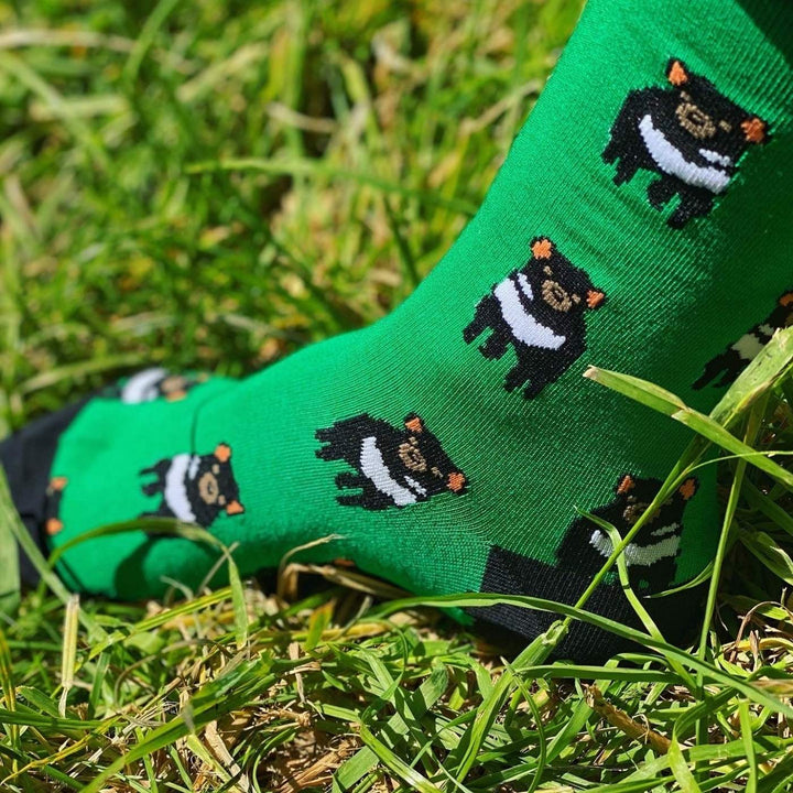Red Parka Green Devil Kids' Socks – Designed in Tasmania. A fun Green Devil socks for kids, designed in Tasmania. Made from soft bamboo. 50% of profits support wildlife and environmental charities.