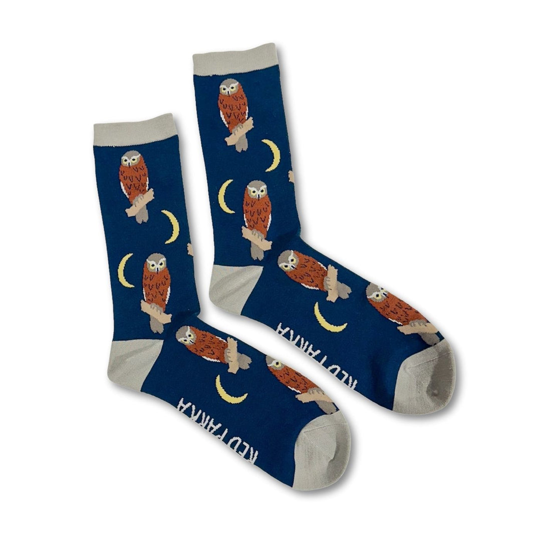 Red Parka Owl Kids' Socks – Designed in Tasmania. A fun Owl socks for kids, designed in Tasmania. Made from soft bamboo. 50% of profits support wildlife and environmental charities.