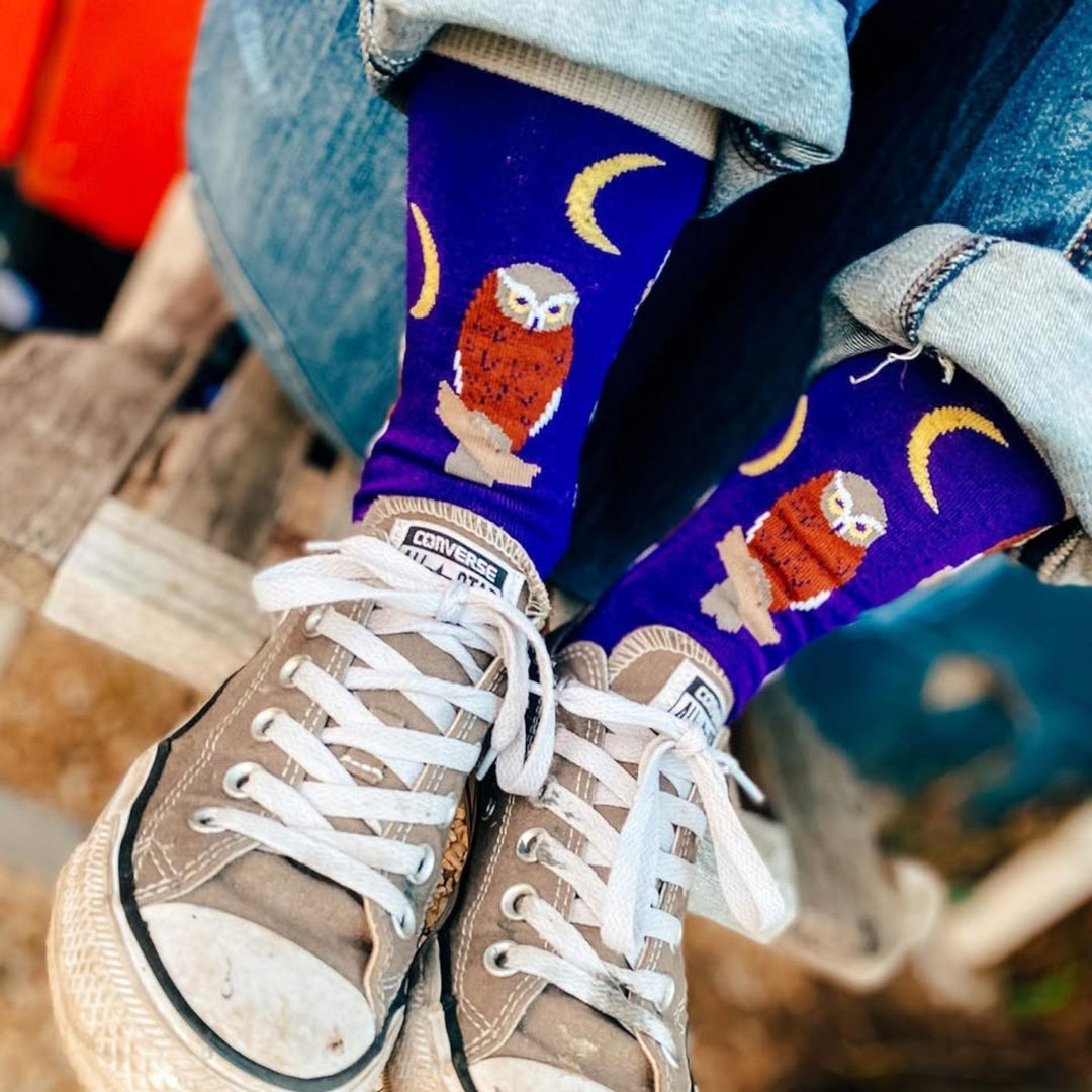 Red Parka Owl Kids' Socks – Designed in Tasmania. A fun Owl socks for kids, designed in Tasmania. Made from soft bamboo. 50% of profits support wildlife and environmental charities.
