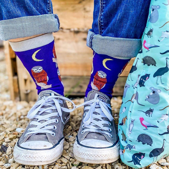 Red Parka Owl Ethical Kids' Socks – Designed in Tasmania. A fun Owl socks for kids, designed in Tasmania. Made from soft bamboo. 50% of profits support wildlife and environmental charities.