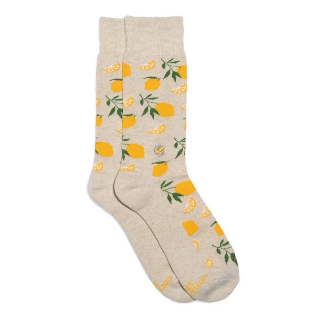Conscious Step Ethical Socks that Plant Trees - Lemons (3 Pack). These lemon-print organic cotton socks help plant trees & improve lives. Each pair supports Trees for the Future & their work to restore land and fight hunger.