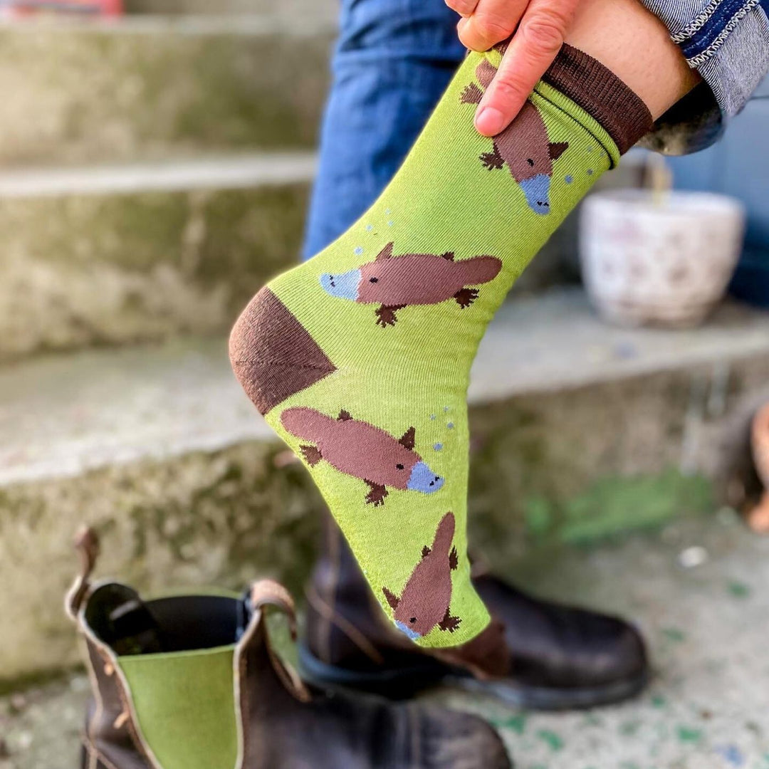 Red Parka Platypus Kids' Socks – Designed in Tasmania. A fun Platypus socks for kids, designed in Tasmania. Made from soft bamboo. 50% of profits support wildlife and environmental charities.
