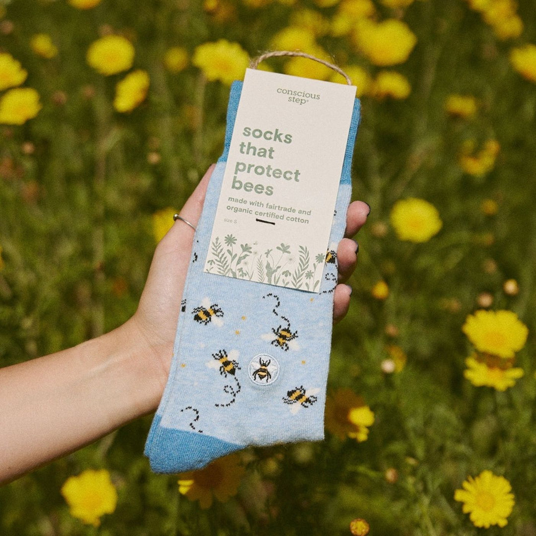 Conscious Step Ethical Socks that Protect Pollinators - Bees (3 Pack). These honeybee-themed organic cotton socks support conservation. Each pair helps protect pollinators through a partnership with Conservation International.