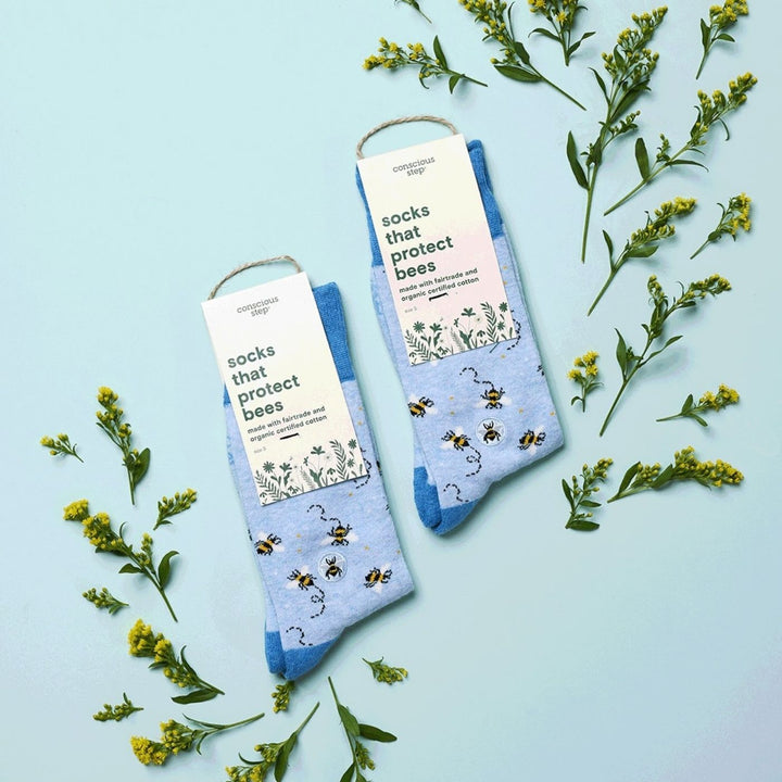 Conscious Step Ethical Socks that Protect Pollinators - Bees (3 Pack). These honeybee-themed organic cotton socks support conservation. Each pair helps protect pollinators through a partnership with Conservation International.