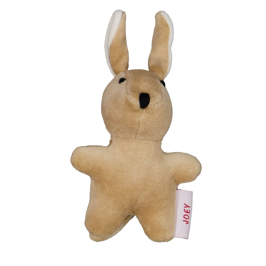 Gertie and Me Joey Soft Toy, crafted from plush brown velour with textured ears designed for baby’s grip. A cuddly and ethically made keepsake, perfect for little hands and soothing comfort.