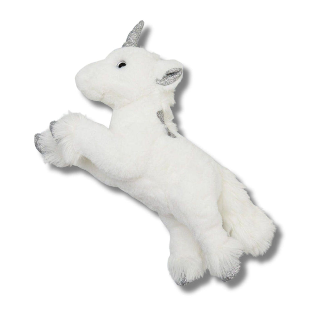 White Unicorn plush toy, 35cm, featuring soft white fur with sparkly gold feet, ears, and horn. Perfect for cuddles and imaginative play.