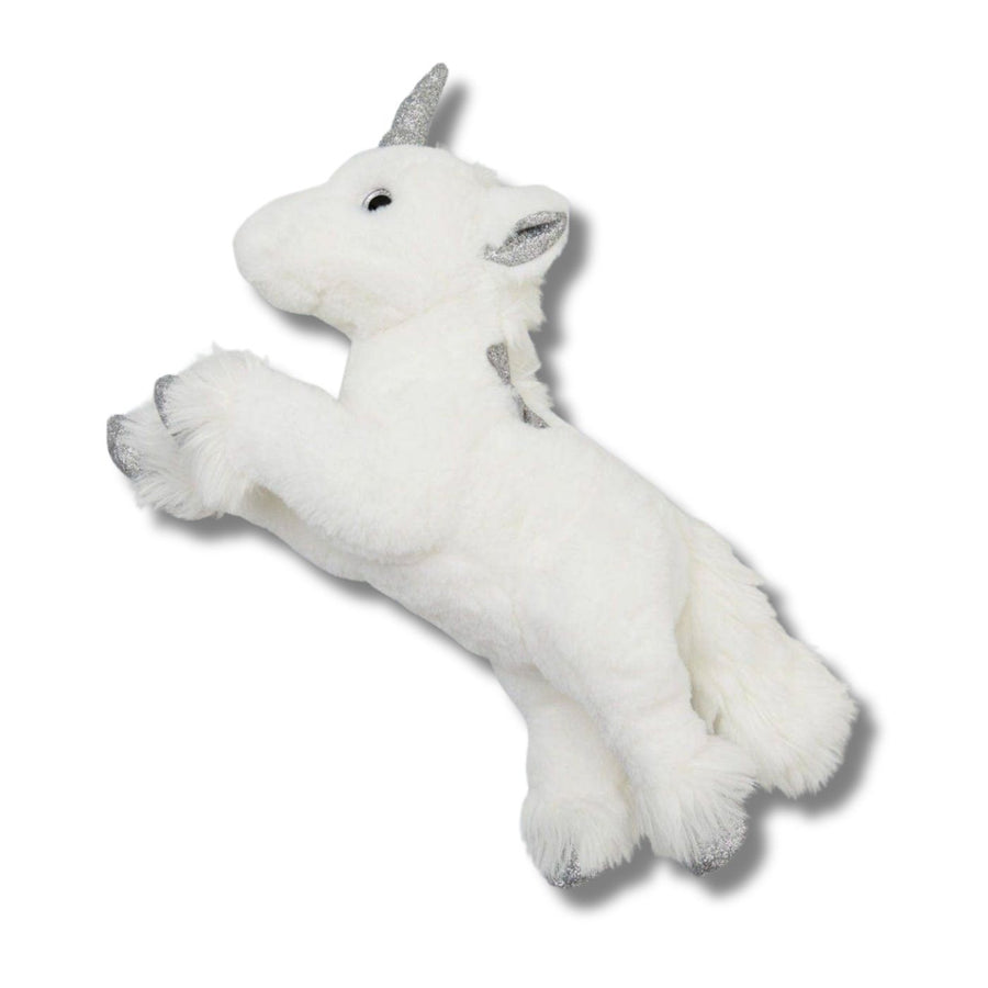 White Unicorn plush toy, 35cm, featuring soft white fur with sparkly gold feet, ears, and horn. Perfect for cuddles and imaginative play.