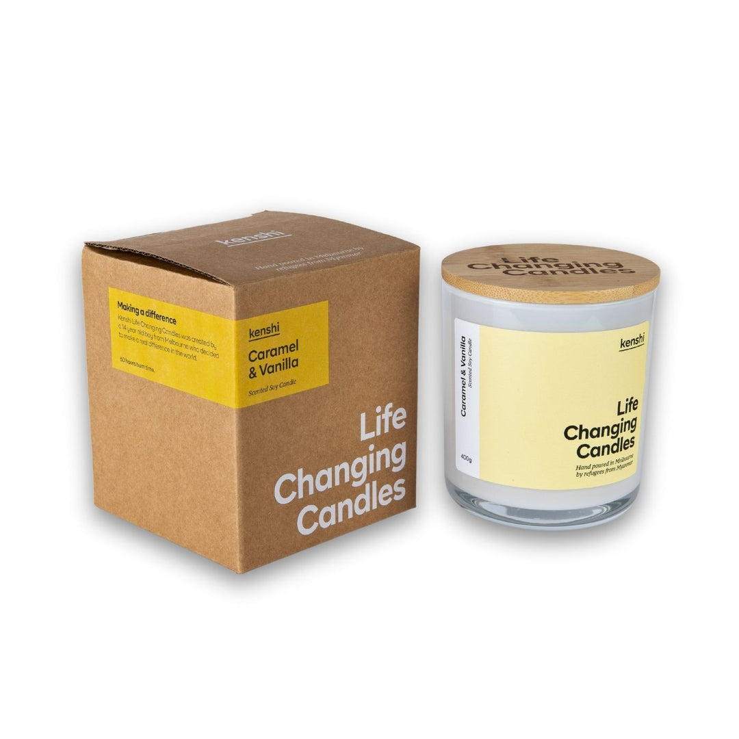Kenshi Caramel and Vanila Soy Candle – ethical Australian-made scented candle hand-poured by refugees. Eco-friendly gift idea that supports social enterprise and funds 8 meals with every purchase. Perfect natural soy candle for home fragrance lovers.