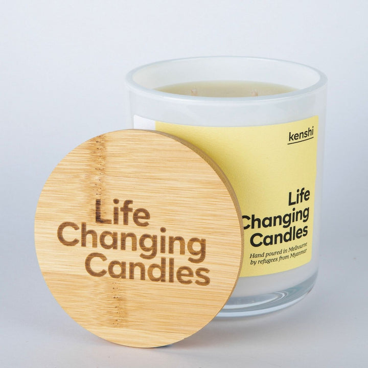 Kenshi Caramel and Vanilla Soy Candle. Hand-poured in Australia by refugees, Kenshi Candles fund 8 meals with every purchase—ethical, beautifully scented candles that make a real impact.