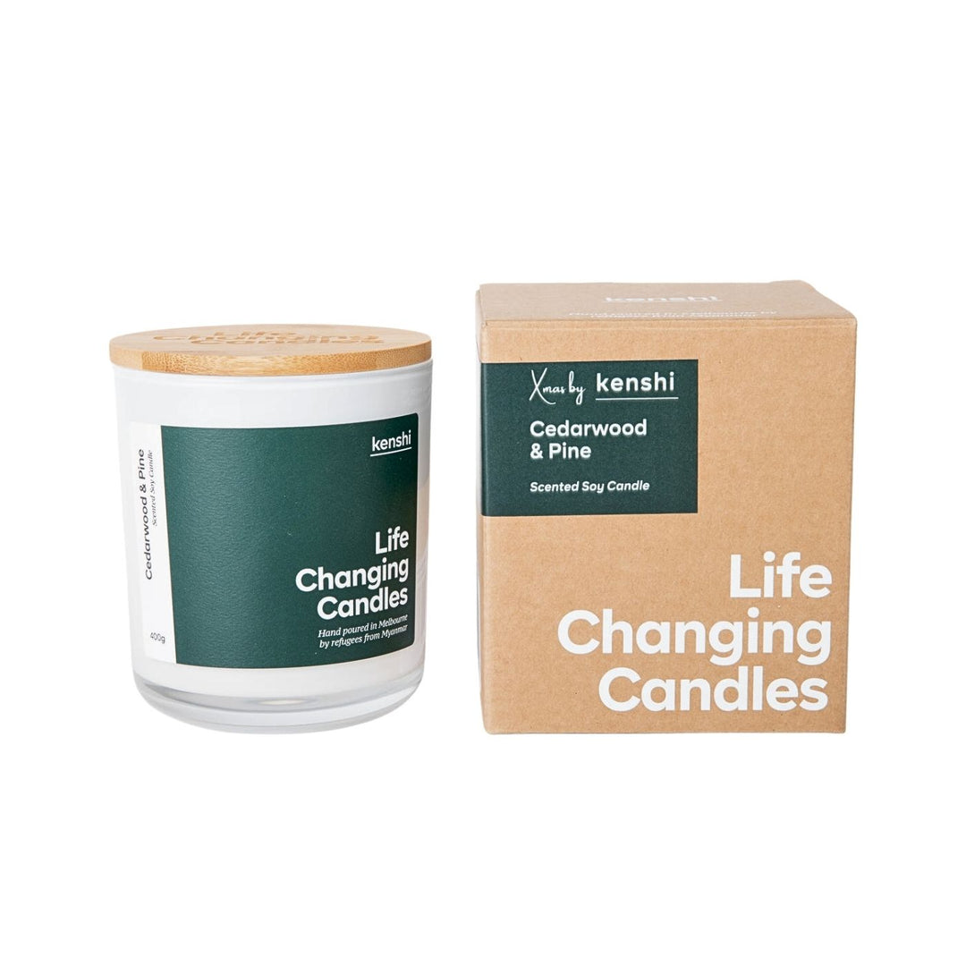 Kenshi Cedarwood and Pine Soy Candle – ethical Australian-made scented candle hand-poured by refugees. Eco-friendly gift idea that supports social enterprise and funds 8 meals with every purchase. Perfect natural soy candle for home fragrance lovers.