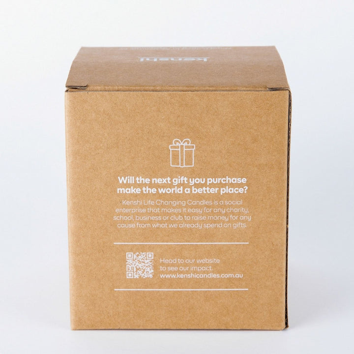 Kenshi Sandalwood & Amber Soy Candle. Hand-poured in Australia by refugees, Kenshi Candles fund 8 meals with every purchase—ethical, beautifully scented candles that make a real impact.