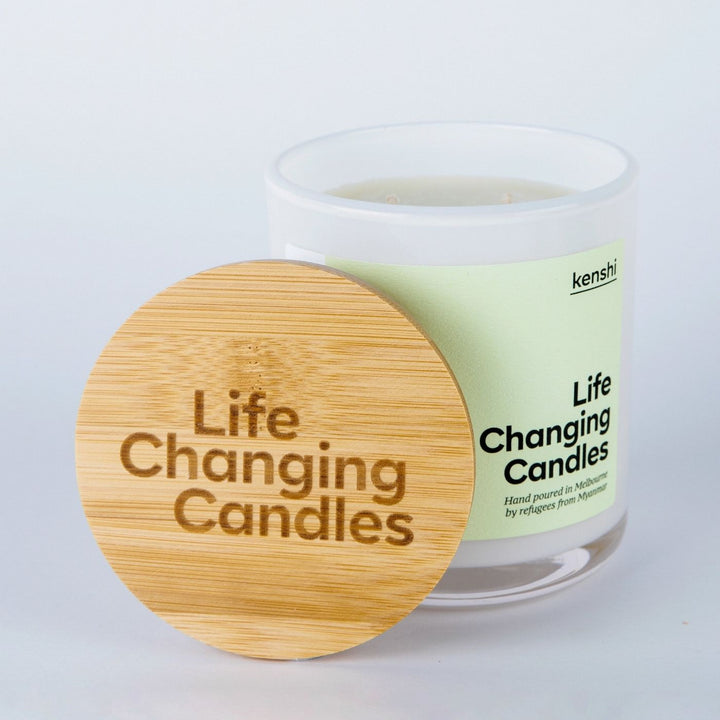 Kenshi Coconut and Lime Soy Candle. Hand-poured in Australia by refugees, Kenshi Candles fund 8 meals with every purchase—ethical, beautifully scented candles that make a real impact.