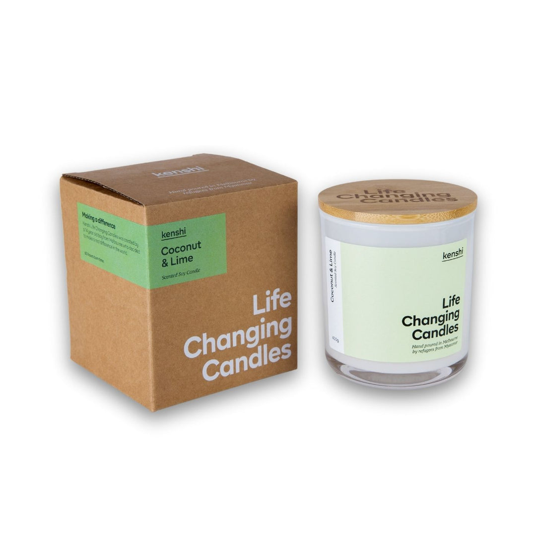 Kenshi Coconut and Lime Soy Candle – ethical Australian-made scented candle hand-poured by refugees. Eco-friendly gift idea that supports social enterprise and funds 8 meals with every purchase. Perfect natural soy candle for home fragrance lovers.