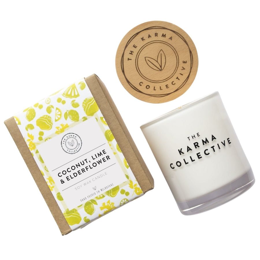 50% of each Karma Collective premium lime, elderflower & coconut soy candle tin profits are donated to World Animal Protection Australia. 20 hours burn time and Australian-made.