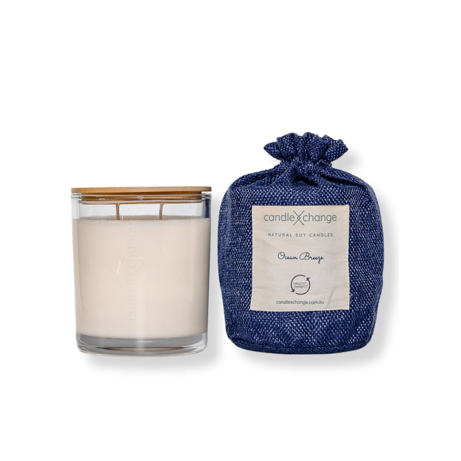 This Ocean Breeze soy candle offers a clean, organic burn up to 80 hours. Refill any empty candle container to help light homes for domestic violence survivors.