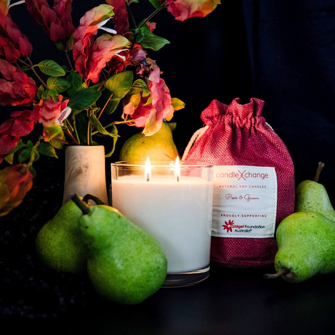 CandleXchange Pear & Guava scented candle uses pure soy wax & cotton wicks to create a clean and safe burn for up to 80 hours. Supporting a good cause with every refill.