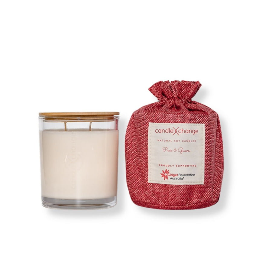 CandleXchange Pear & Guava scented candle uses pure soy wax & cotton wicks to create a clean and safe burn for up to 80 hours. Supporting a good cause with every refill.