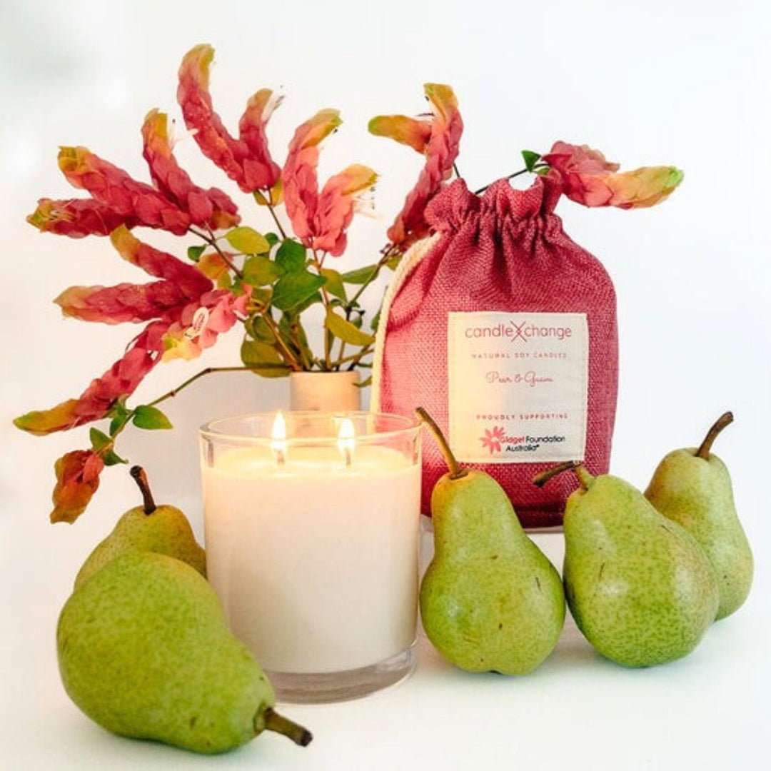 CandleXchange Pear & Guava scented candle uses pure soy wax & cotton wicks to create a clean and safe burn for up to 80 hours. Supporting a good cause with every refill.