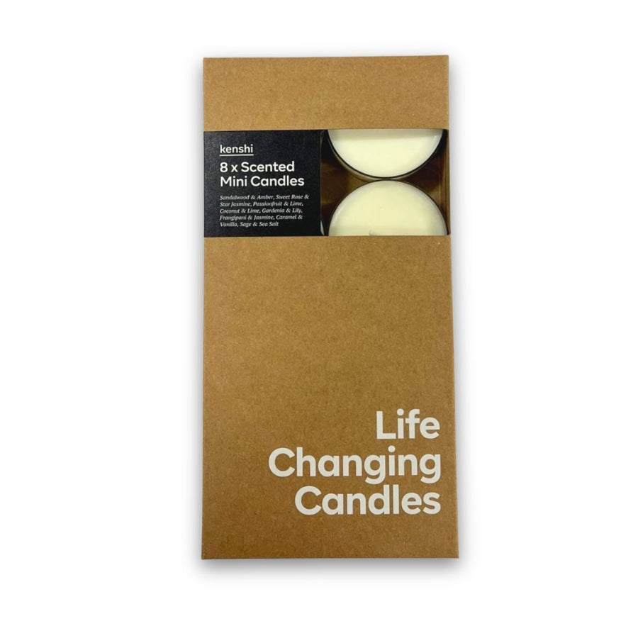 Kenshi 8 Pack Scented Mini Candle. Hand-poured in Australia by refugees, Kenshi Candles fund 8 meals with every purchase—ethical, beautifully scented candles that make a real impact.