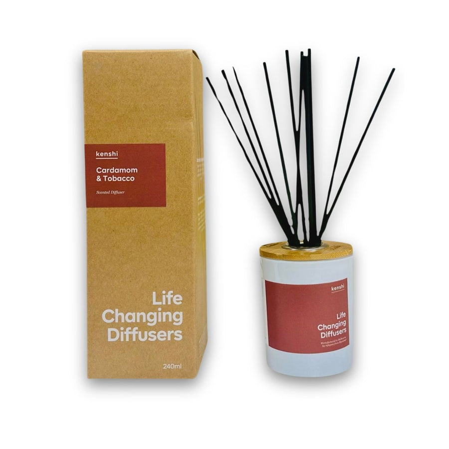 Kenshi Cardamom and Tobacco Diffuser. Crafted in Australia by refugees, Kenshi Candles fund 8 meals with every purchase—ethical, beautifully scented diffuser that makes a real impact.