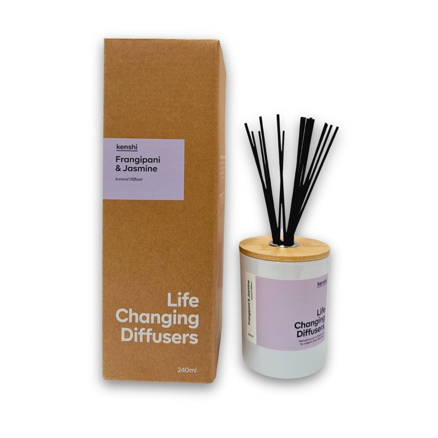 Kenshi Frangipani and Jasmine Diffuser. Crafted in Australia by refugees, Kenshi Candles fund 8 meals with every purchase—ethical, beautifully scented diffuser that makes a real impact.