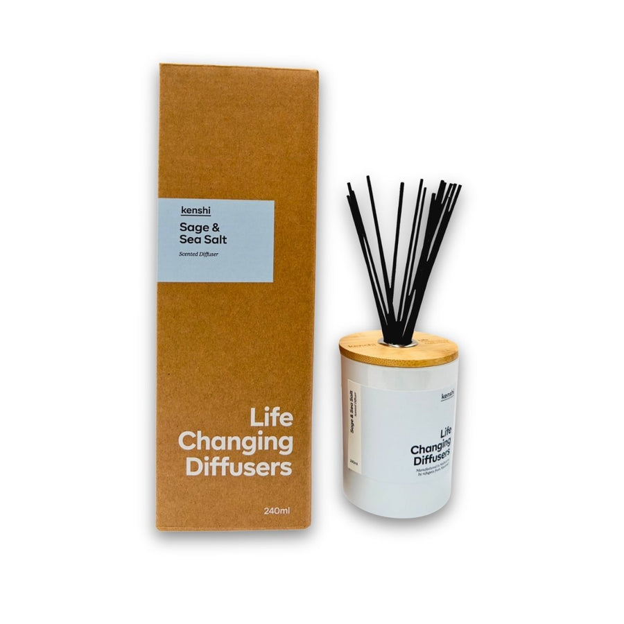 Kenshi Sage and Sea Salt Diffuser. Crafted in Australia by refugees, Kenshi Candles fund 8 meals with every purchase—ethical, beautifully scented diffuser that makes a real impact.