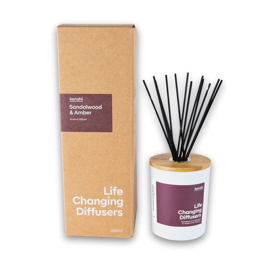 Kenshi Sandalwood and Amber Diffuser. Crafted in Australia by refugees, Kenshi Candles fund 8 meals with every purchase—ethical, beautifully scented diffuser that makes a real impact.