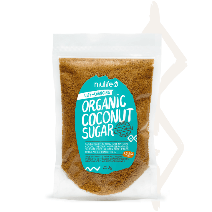 packet of organic coconut sugar in soft 250g pouch with blue label