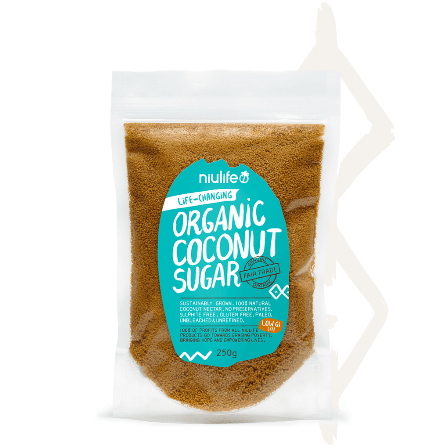 packet of organic coconut sugar in soft 250g pouch with blue label