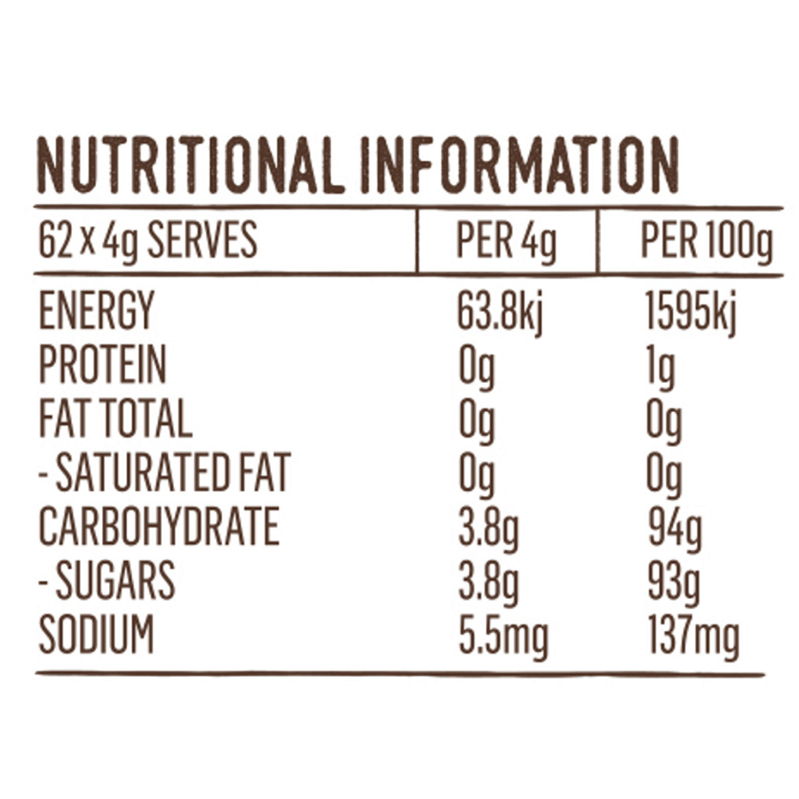 label with organic sugar nutritional information
